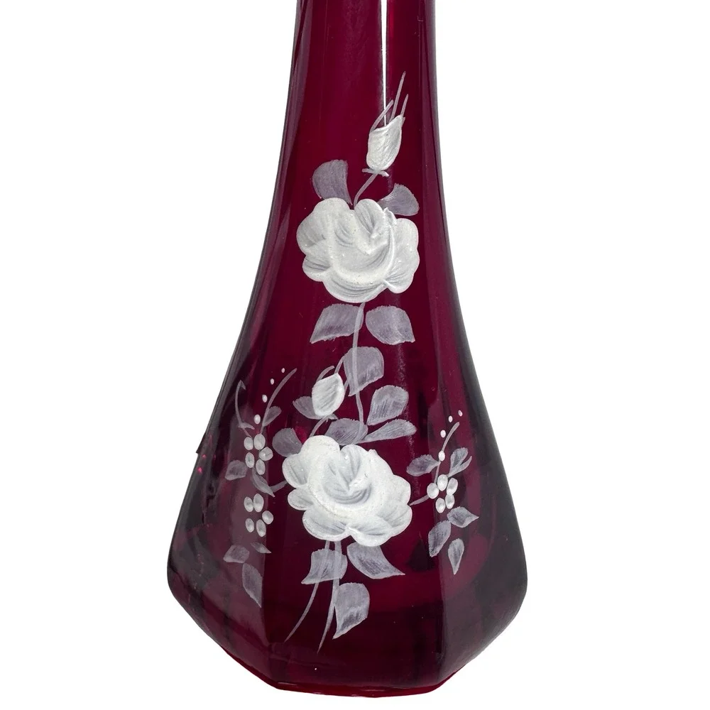 Vintage Fenton Ruby Red Glass Swung Bud Vase Hand Painted White Roses MCM 10in